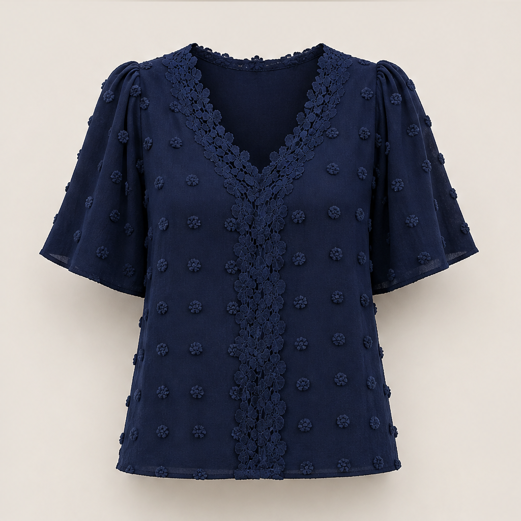 Farolina – Blusa Plumetis con Maniche a Farfalla in Pizzo Navy