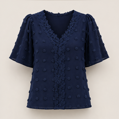 Farolina – Blusa Plumetis con Maniche a Farfalla in Pizzo Navy