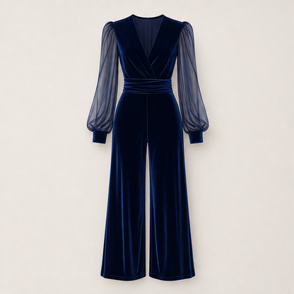 Velmira – Tuta in Velluto con Scollo a V e Maniche in Mesh Royal Blue