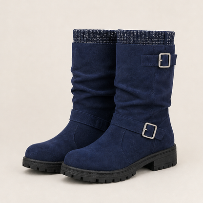 Varonne – Stivali Slouchy in Scamosciato con Fibbie Navy