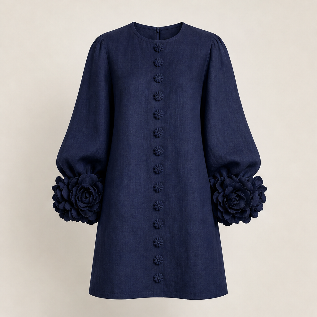 Fioralia – Mini Abito in Lino con Polsini Floreali Navy