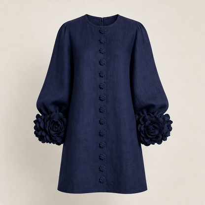Fioralia – Mini Abito in Lino con Polsini Floreali Navy