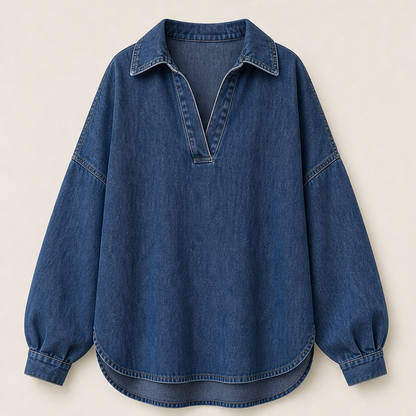 Vellira – Blusa Oversize in Denim Lavato con Scollo a V Navy