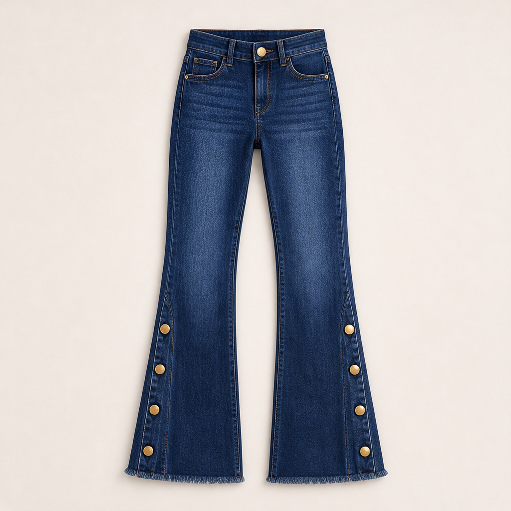 Vellira – Jeans a Zampa Vita Alta con Bottoni Dark Blue