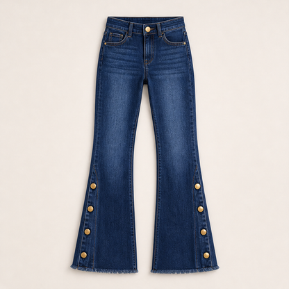 Vellira – Jeans a Zampa Vita Alta con Bottoni Dark Blue