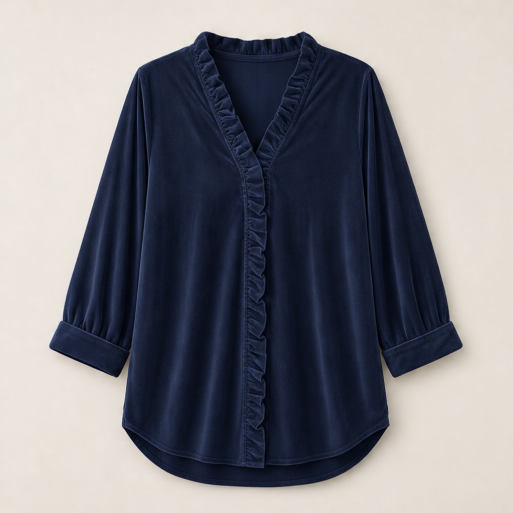 Velluna – Camicia in Velluto con Collo Arricciato Navy