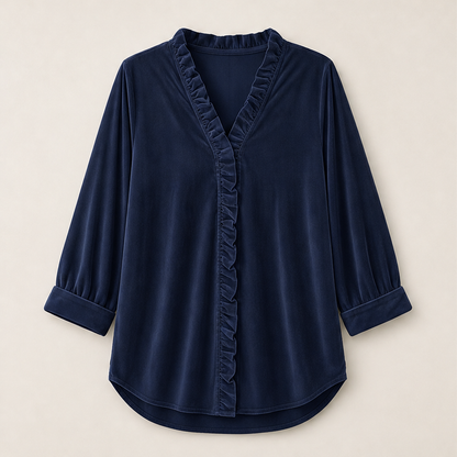 Velluna – Camicia in Velluto con Collo Arricciato Navy