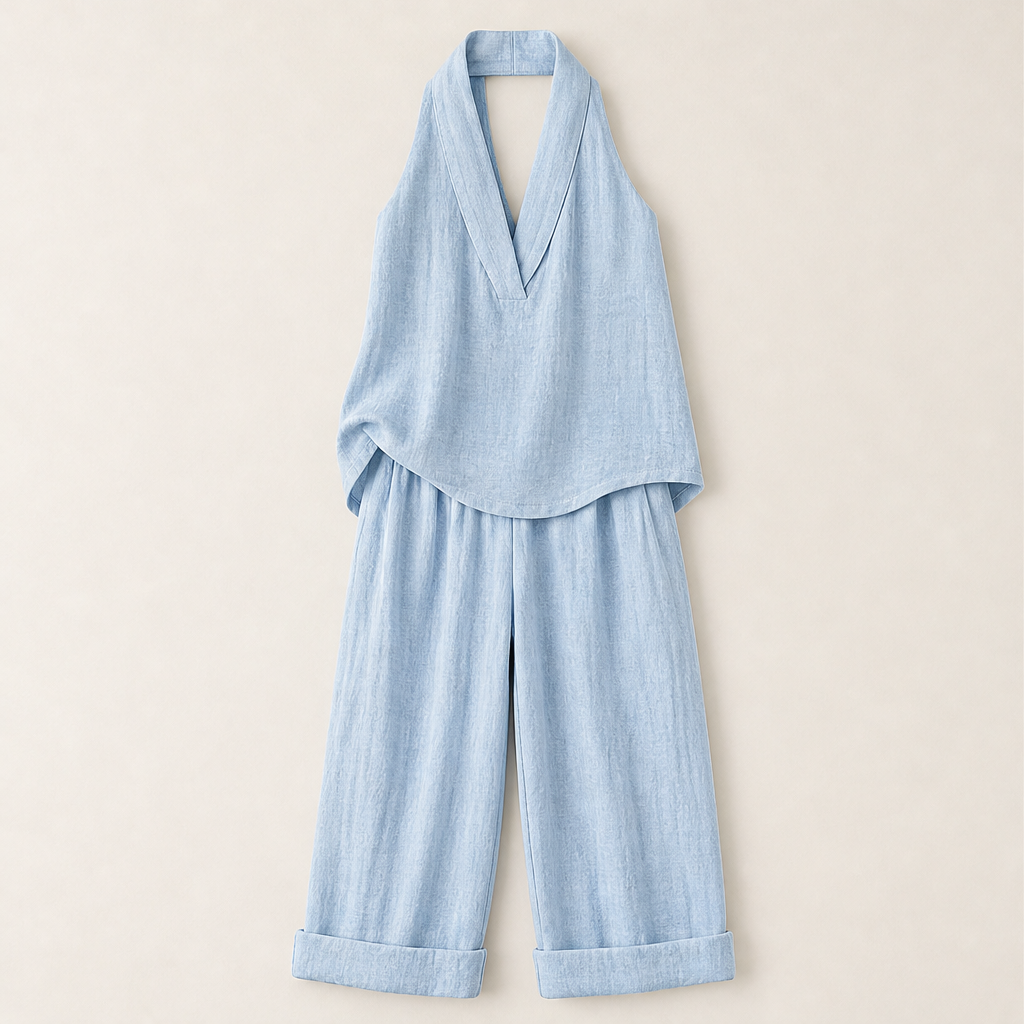 Serelia – Completo in Lino Top V e Pantaloni Larghi Light Blue