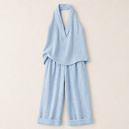Serelia – Completo in Lino Top V e Pantaloni Larghi Light Blue