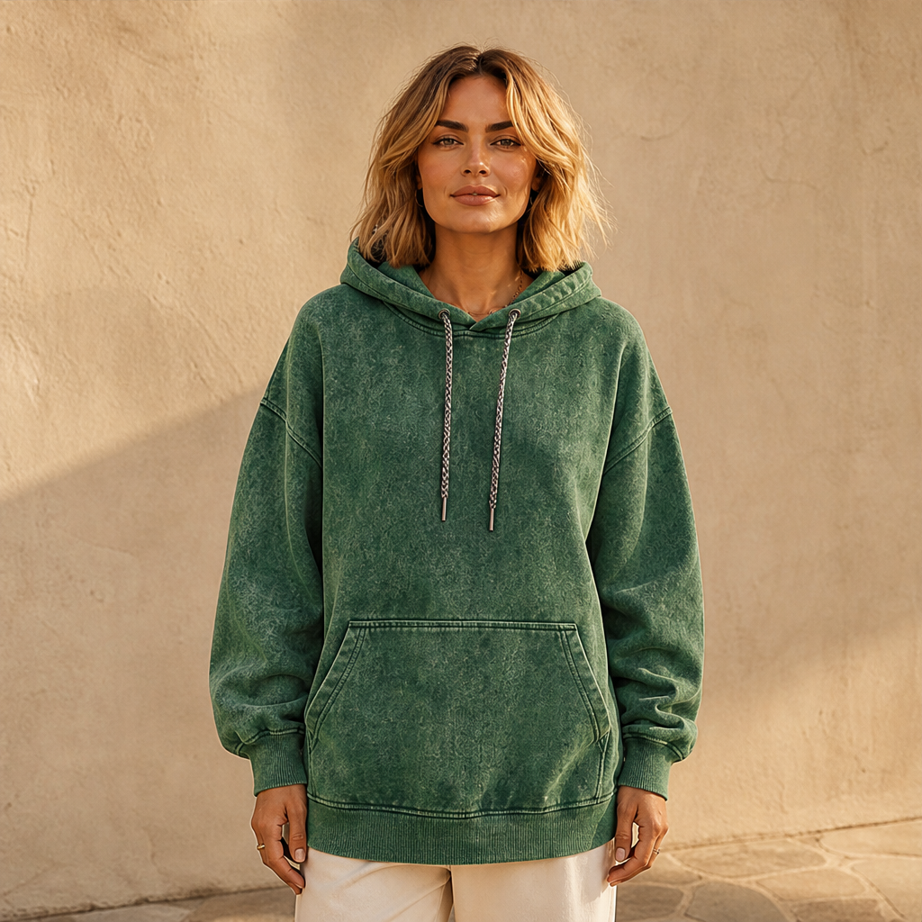 Varonne – Felpa Oversize Acid Wash con Cappuccio Green
