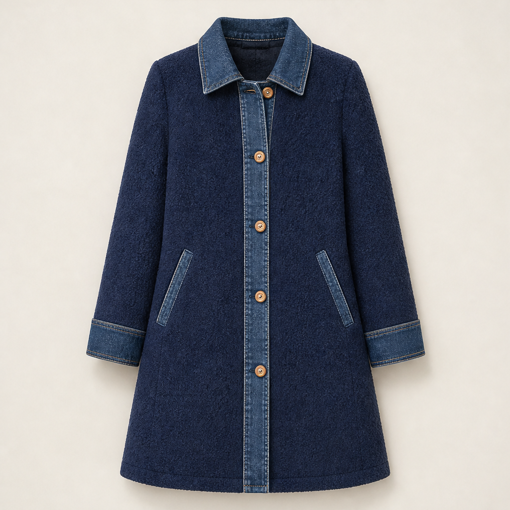 Velmora – Cappotto Midi in Pile Patchwork Denim Navy