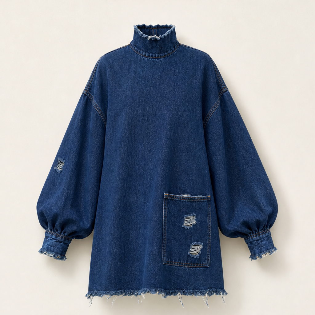 Verano – Minivestito di Denim Oversize con Collo Alto Navy