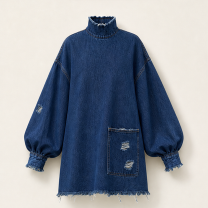 Verano – Minivestito di Denim Oversize con Collo Alto Navy