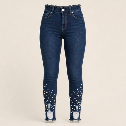 Perlavia – Jeans Skinny con Perle e Orlo Sfrangiato Navy