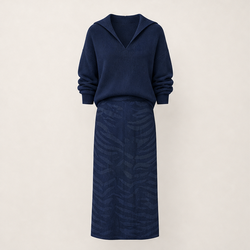 Savenza – Maglia con Colletto e Gonna Midi Zebrata, Set Due Pezzi Navy