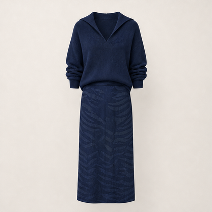 Savenza – Maglia con Colletto e Gonna Midi Zebrata, Set Due Pezzi Navy