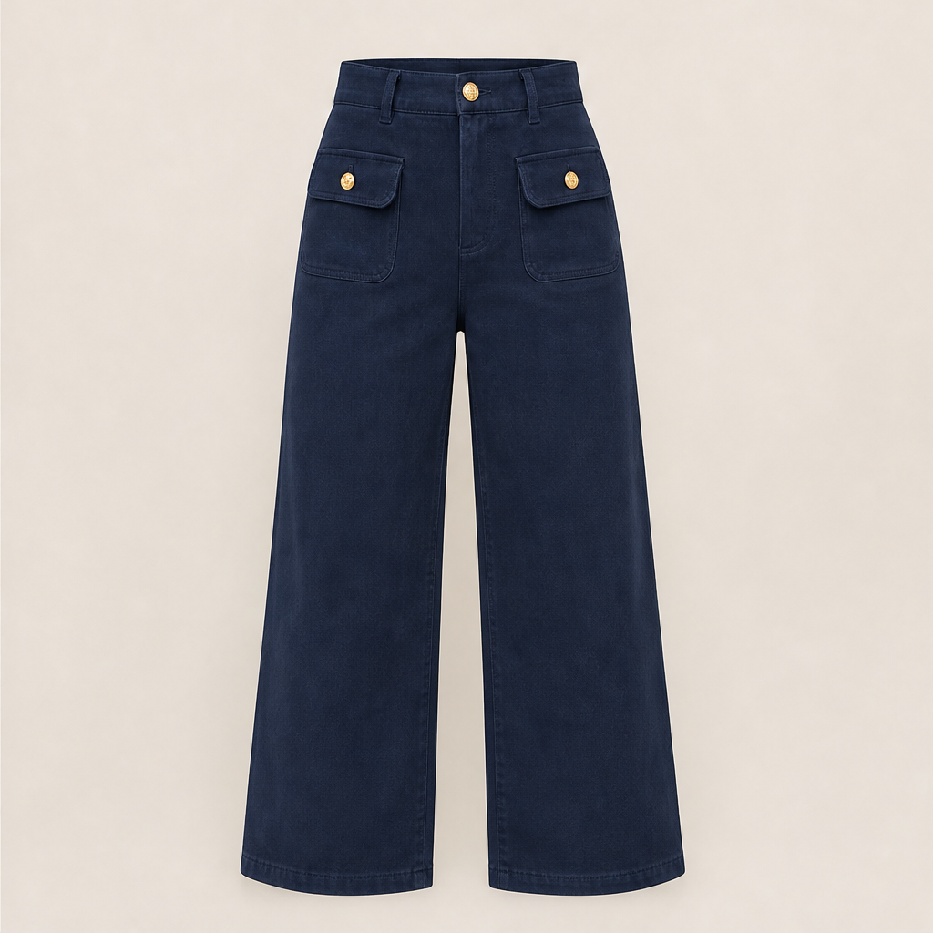 Varelli – Pantaloni a Vita Alta Gamba Larga Navy