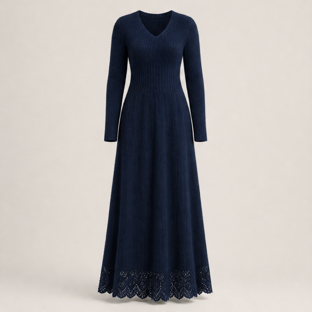 Velmora – Abito Maxi in Maglia con Pizzo Navy