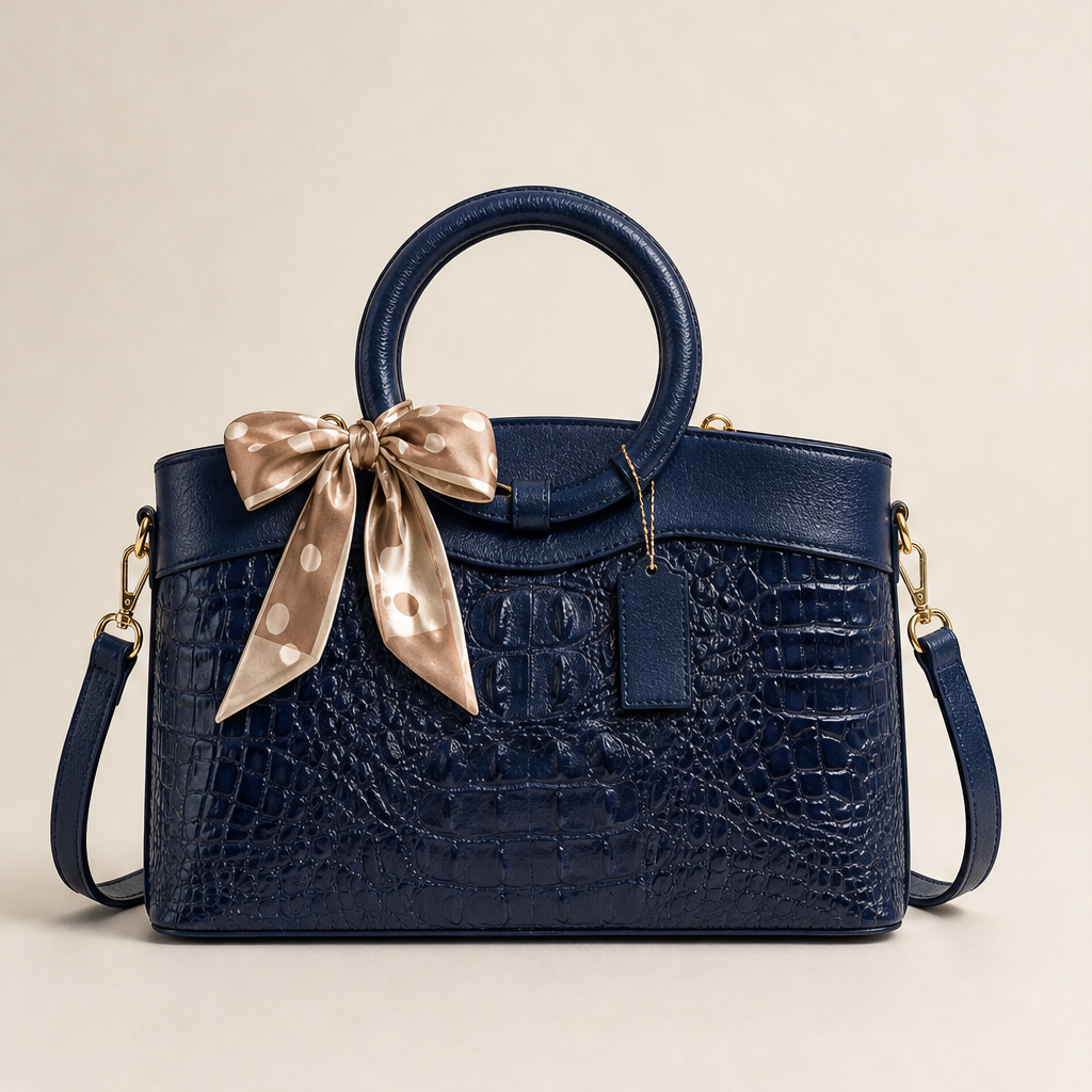 Ladrienne – Borsa in Pelle Effetto Coccodrillo con Manico ad Anello Navy