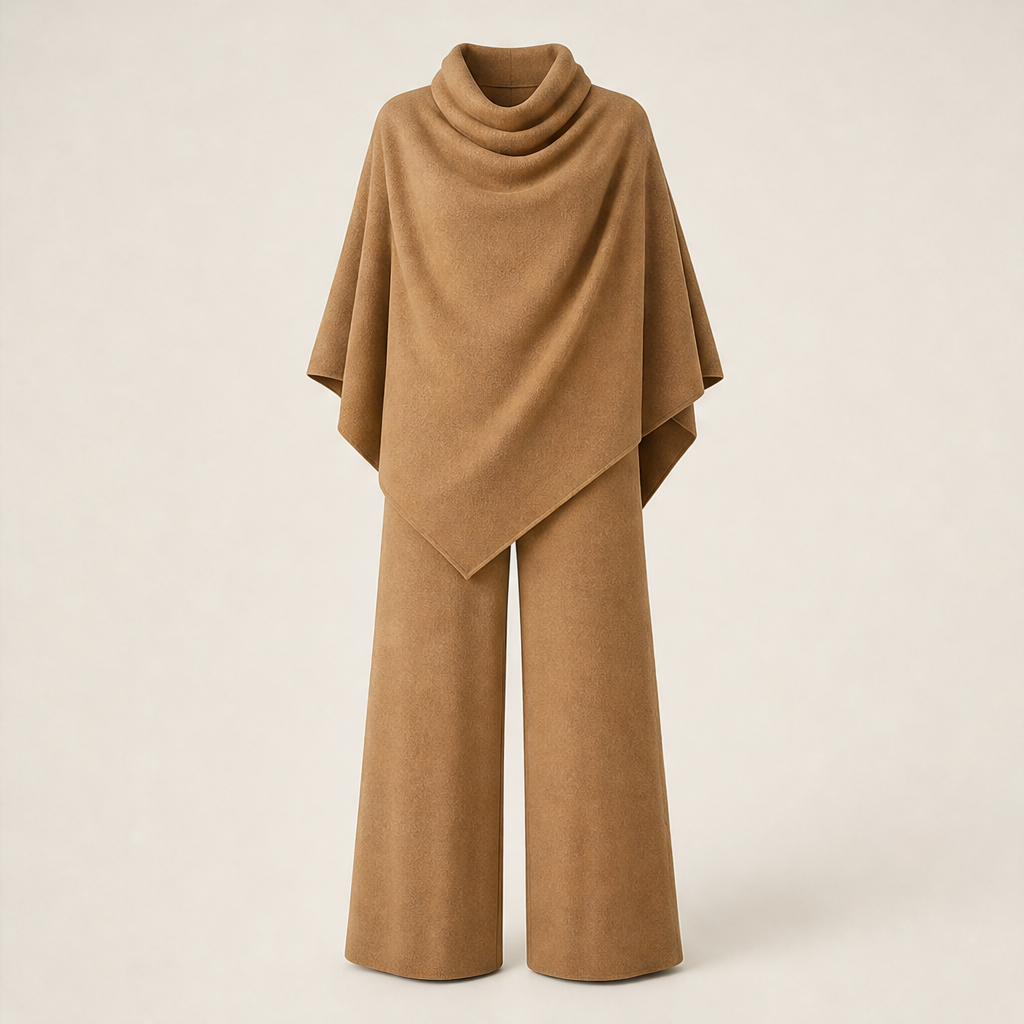 Voliana – Completo Mantella Collo Alto e Pantaloni Palazzo Camel