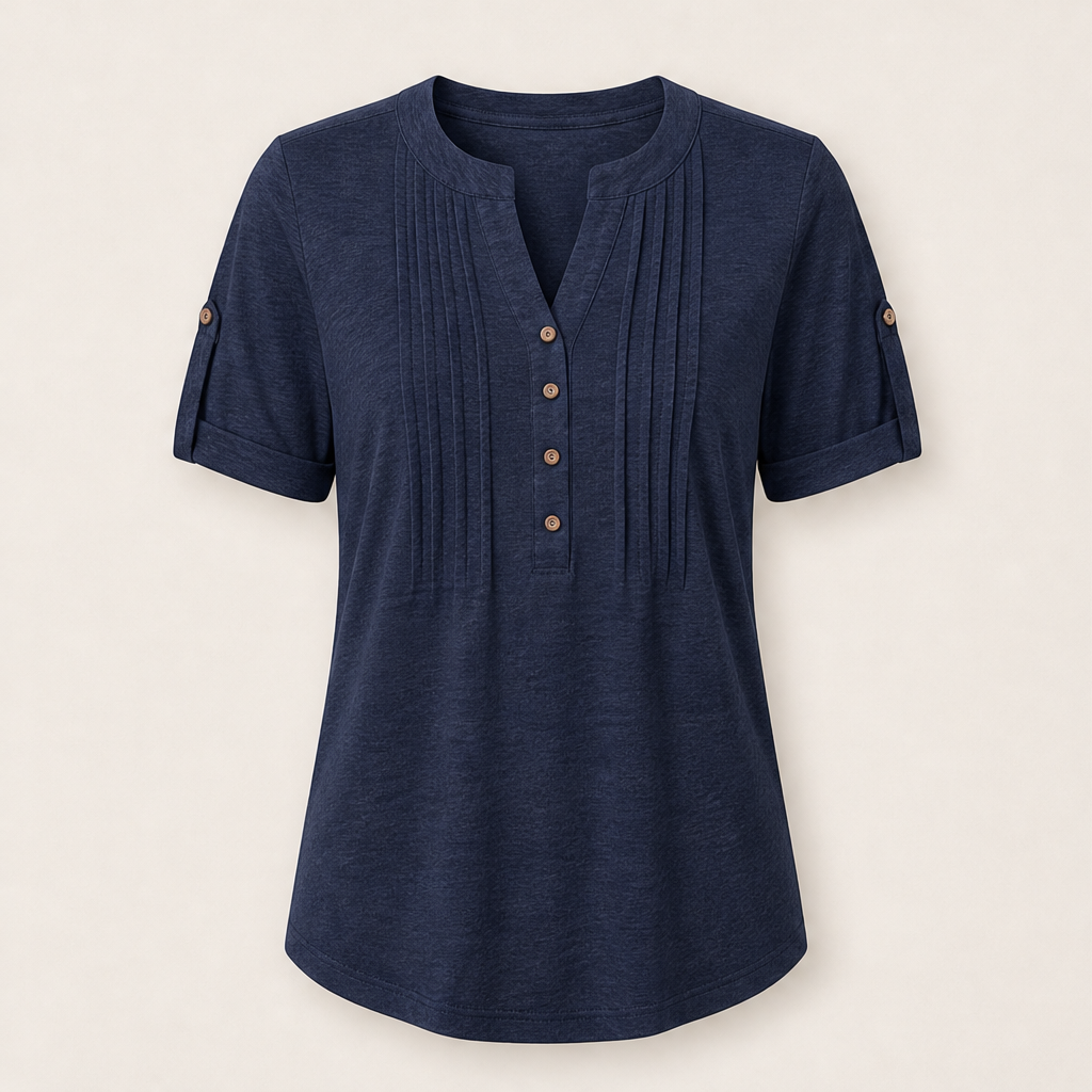 Venalira – Blusa Scollo V Plissettata con Bottoni Navy