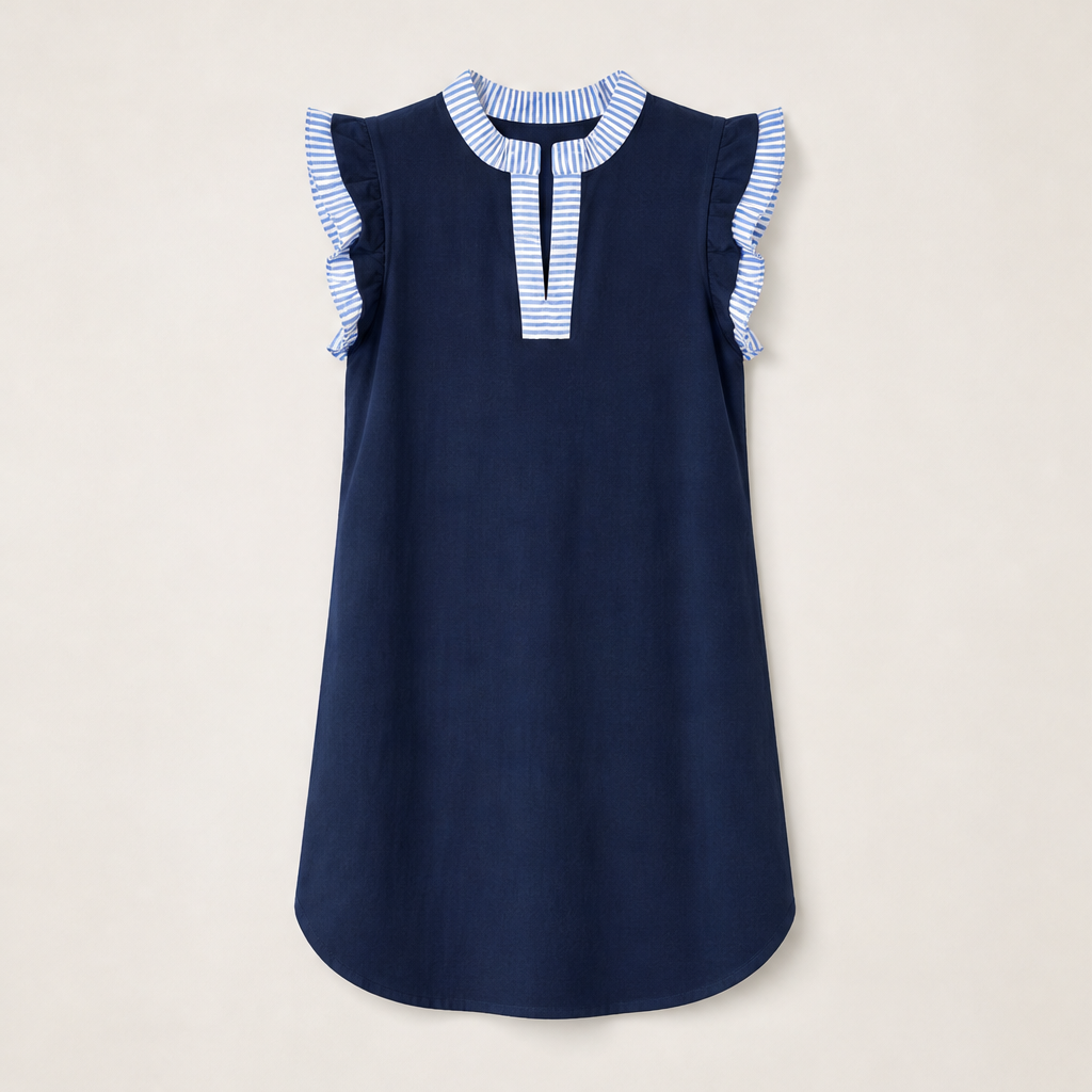 Velmara – Abito Shift a Righe con Ruches Navy