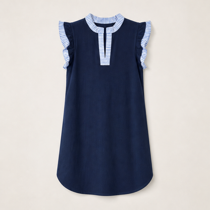Velmara – Abito Shift a Righe con Ruches Navy