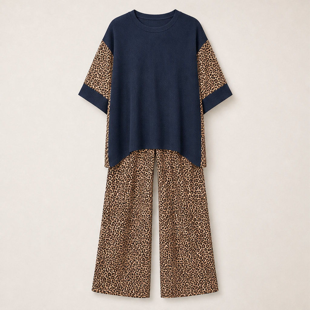 Velmara – Completo Tunica Oversize e Pantaloni Leopardati Navy