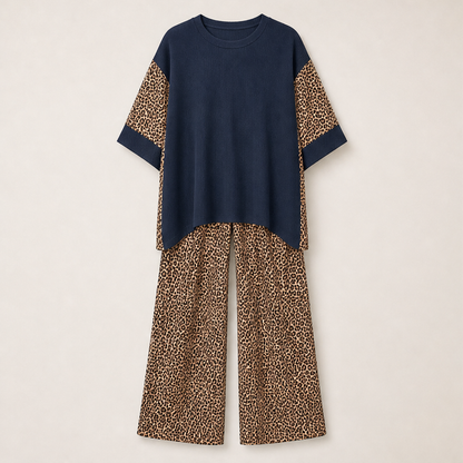 Velmara – Completo Tunica Oversize e Pantaloni Leopardati Navy