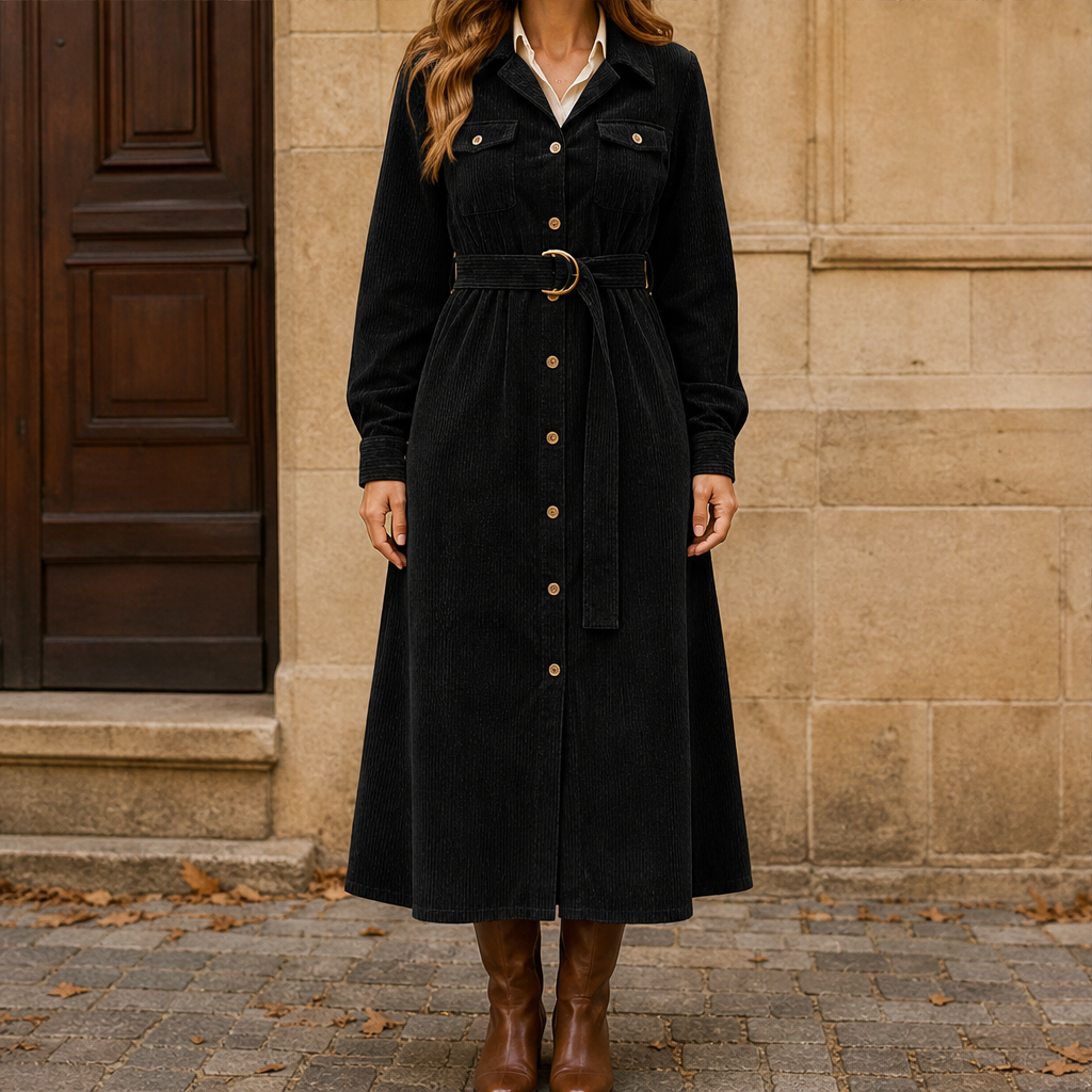 Corvelle – Abito Camicia Midi in Velluto a Coste con Cintura Black
