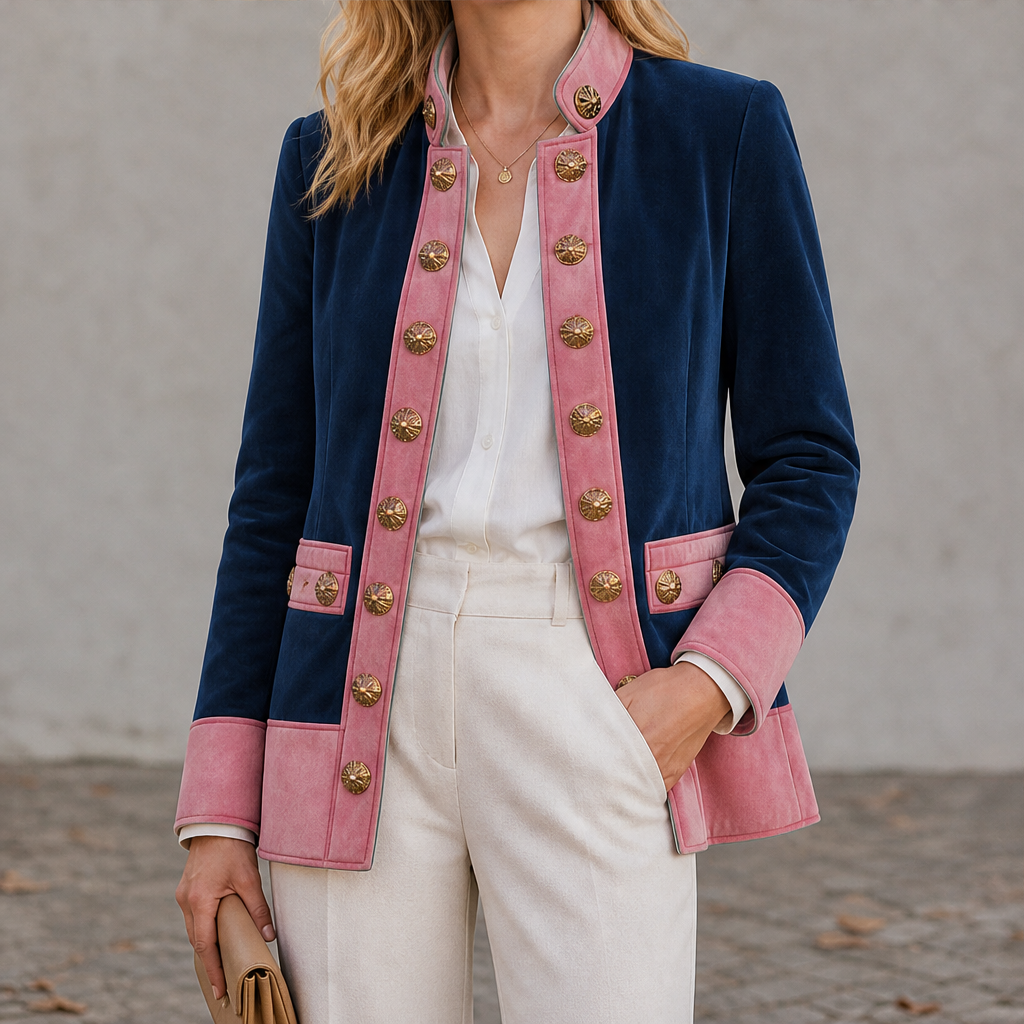 Varonne – Giacca Militare in Suede con Bordo Rosa Navy