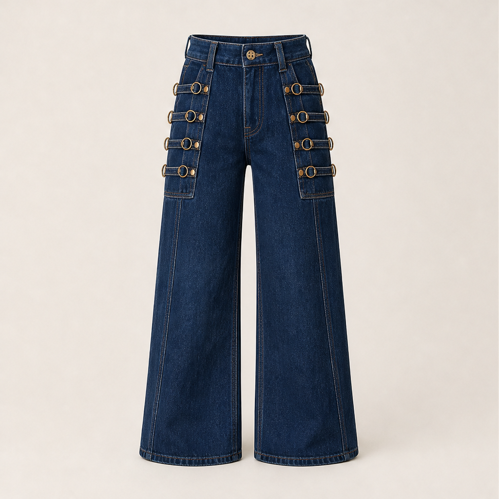 Vaquelia – Jeans a Vita Alta Gamba Larga con Fibbia Dark Blue