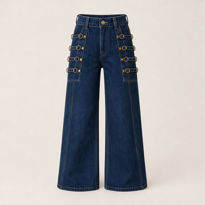Vaquelia – Jeans a Vita Alta Gamba Larga con Fibbia Dark Blue