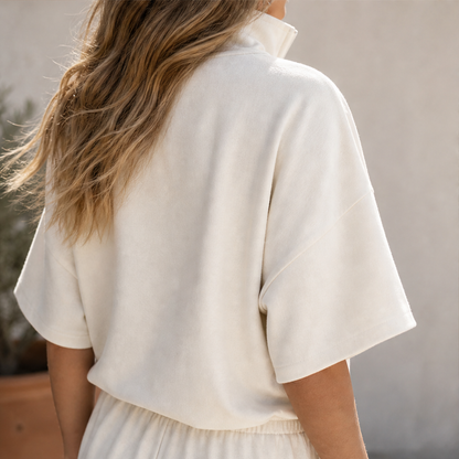 Completo Due Pezzi Color Crema con Top a Collo con Cerniera e Pantaloni | Set Casual da Donna con Pantaloni a Gamba Larga e Coulisse