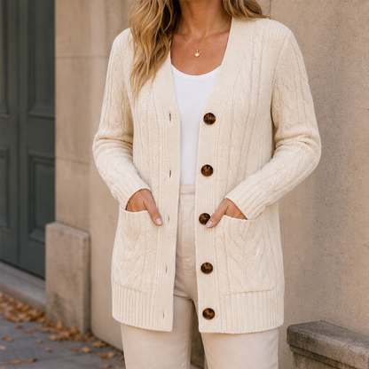 Varonia – Cardigan Midi in Maglia Trecciata Cream