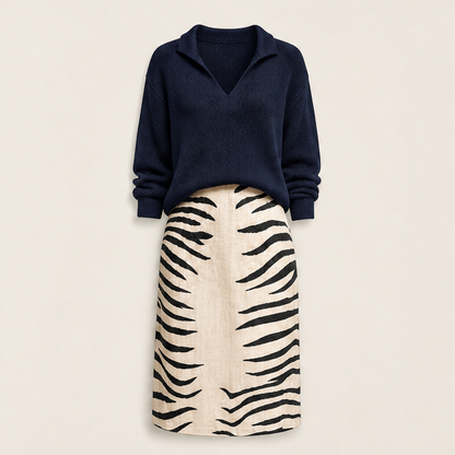 Zebrina – Maglia a Collo e Gonna Midi Zebrata Navy
