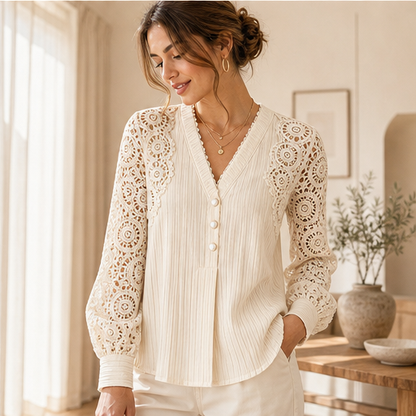 Top Crema Scollo a V | Blusa Elegante in Pizzo Uncinetto - Maniche Lunghe Donna features