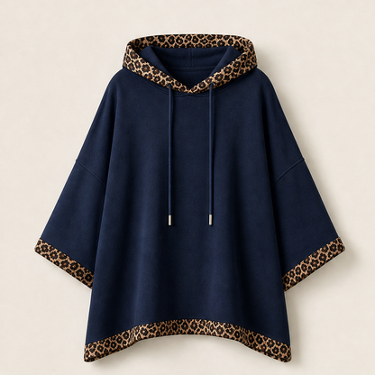 Felinora – Felpa Poncho con Bordo Leopardato Navy