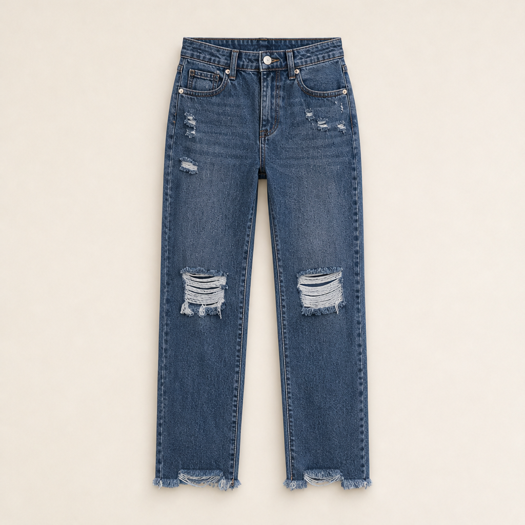 Vellara – Jeans Dritti Vita Alta Strappati Dark Blue