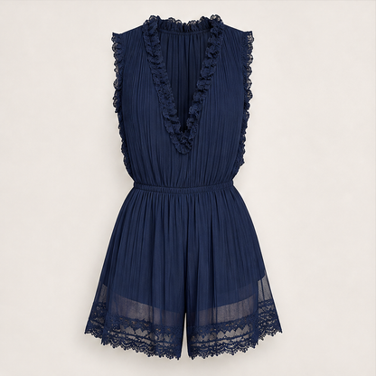 Voleane – Tuta Corta in Chiffon Plissettato con Pizzo Navy