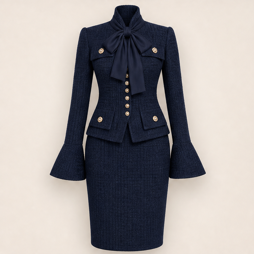 Vellorna – Completo Tweed Fiocco Giacca e Gonna a Matita Navy