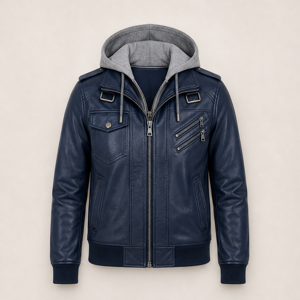 Bryndan – Giacca in Ecopelle con Cappuccio Staccabile Navy