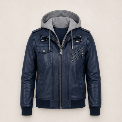 Bryndan – Giacca in Ecopelle con Cappuccio Staccabile Navy