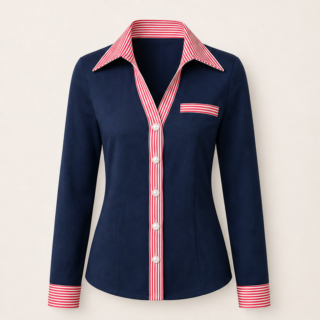 Velmira – Camicia Scamosciata Collo a V Bottoni Perla Navy