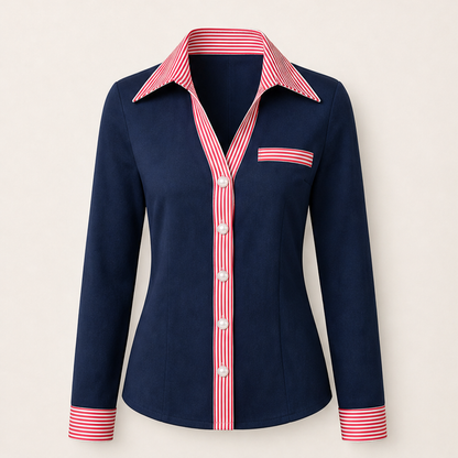Velmira – Camicia Scamosciata Collo a V Bottoni Perla Navy