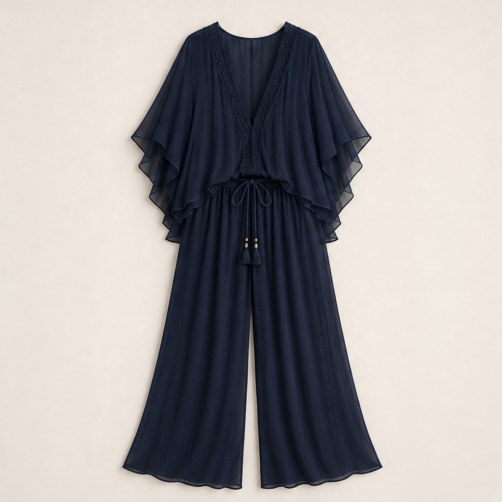 Velorenza – Completo Top Scollo a V e Pantaloni Palazzo Navy