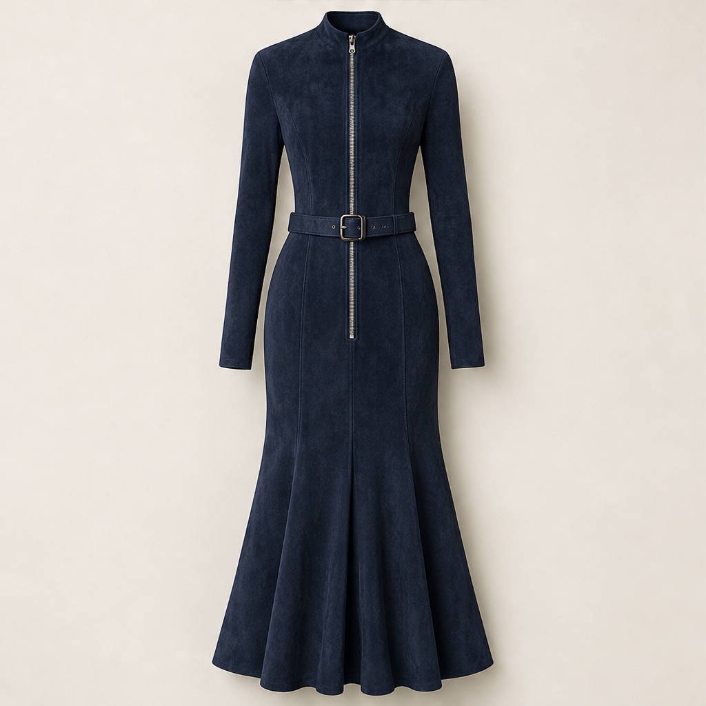 Velmora – Abito Lungo in Suede con Zip a Sirena Navy
