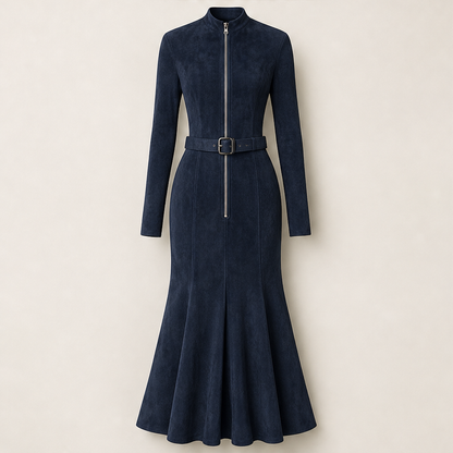 Velmora – Abito Lungo in Suede con Zip a Sirena Navy