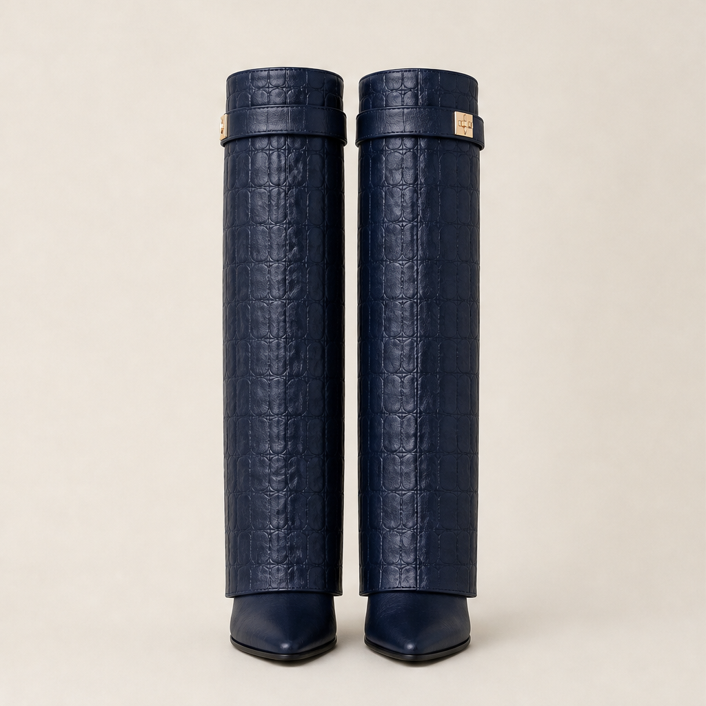 Coccara – Stivali Alti in Pelle Effetto Coccodrillo Navy