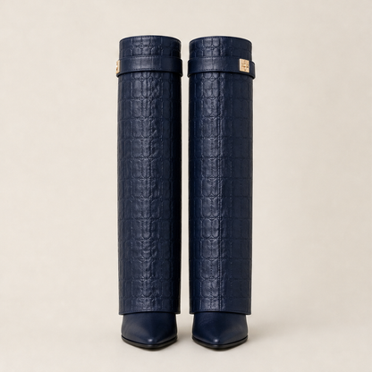 Coccara – Stivali Alti in Pelle Effetto Coccodrillo Navy